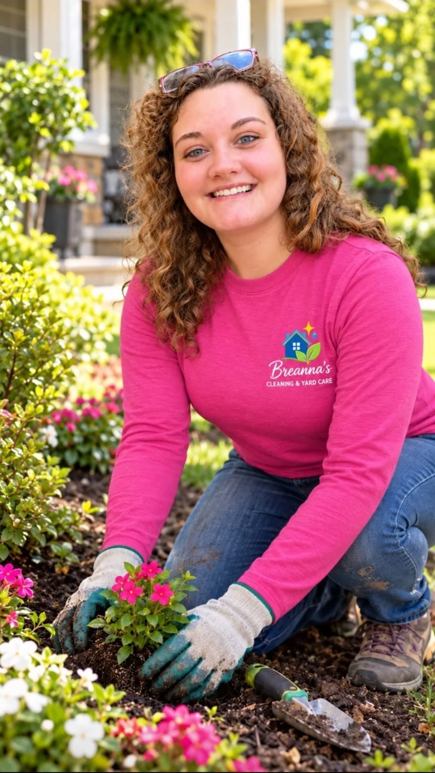 Breanna in her branded pink shirt planting flowers